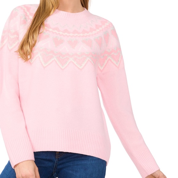 CeCe Womens Pink Heart Fair Isle Crewneck Sweater Size Large Fuzzy Romantic NWT - Picture 1 of 11
